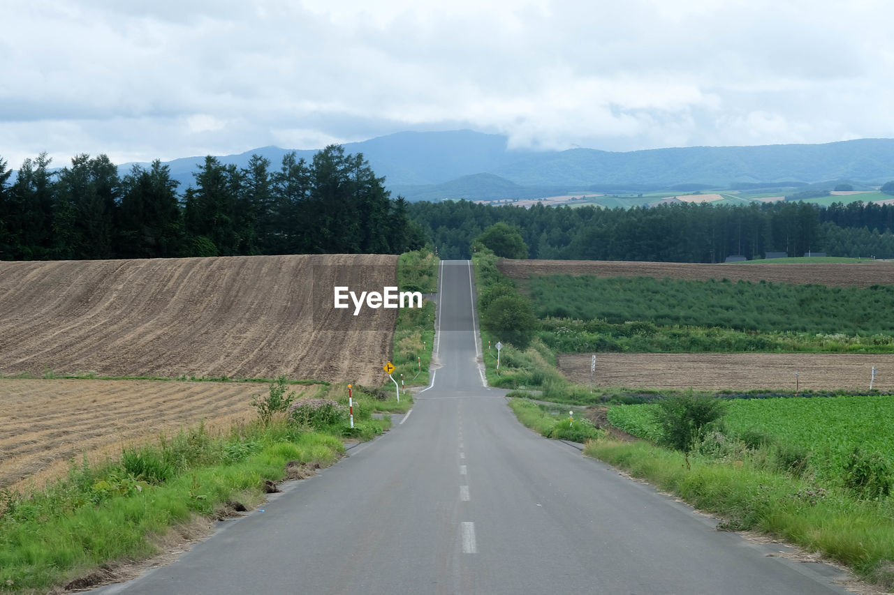 EMPTY ROAD AMIDST FIELD