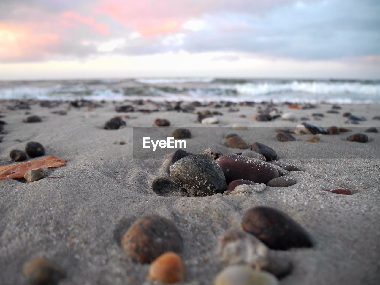 Close-up of stones in sand at beach against sky