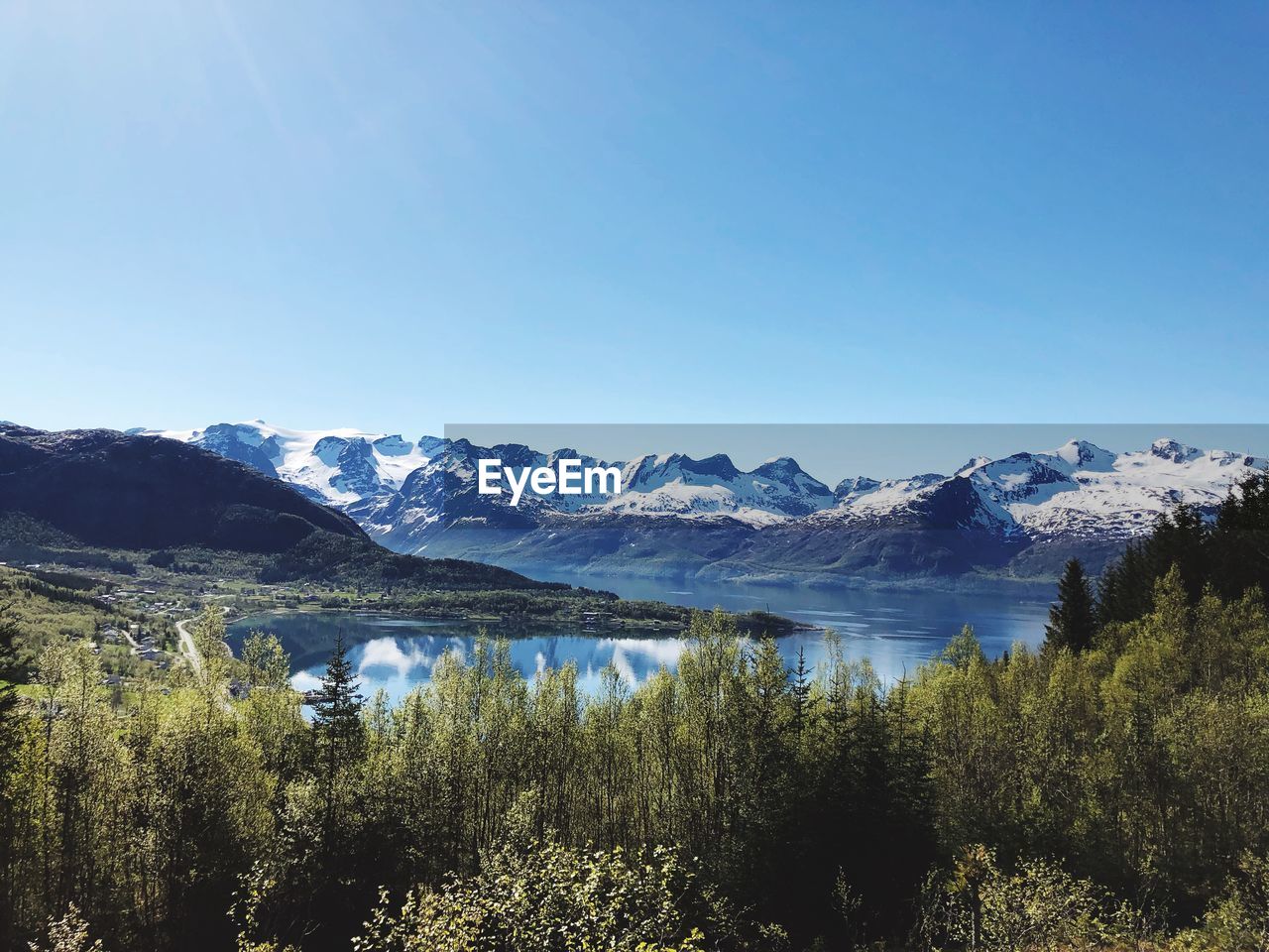 SCENIC VIEW OF LAKE AGAINST CLEAR BLUE SKY