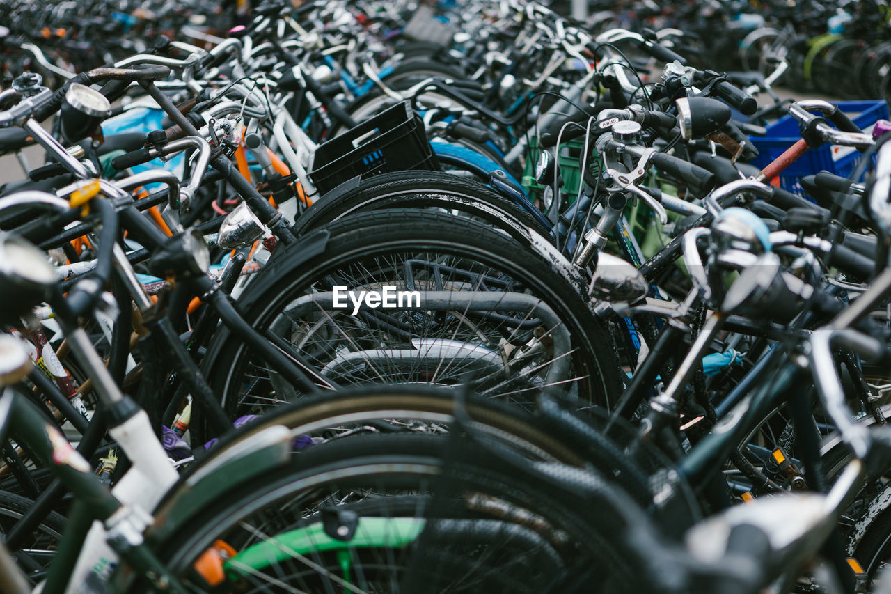 Full frame shot of bicycles in parking lot