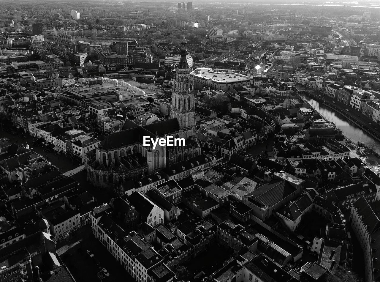 High angle view of buildings in city