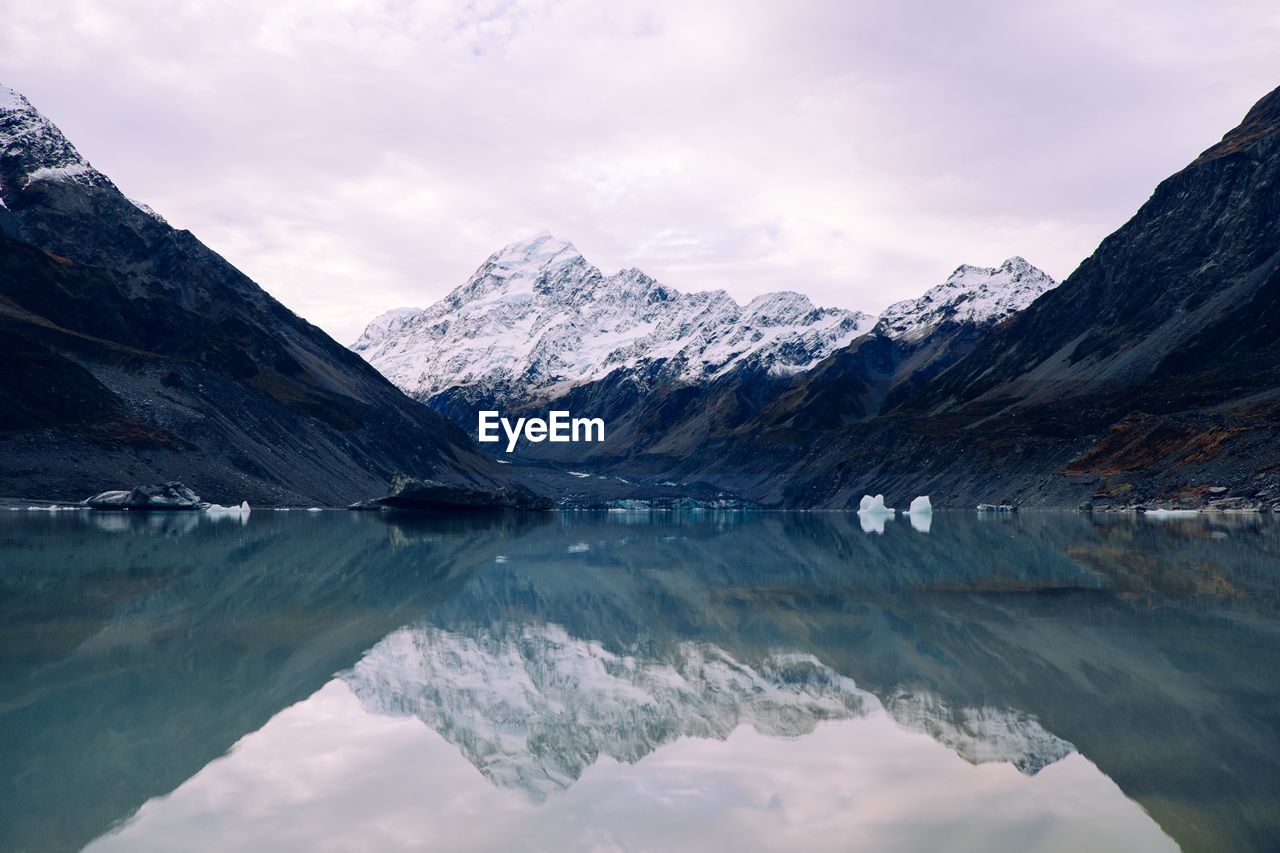 Scenic view of lake and mountains against sky