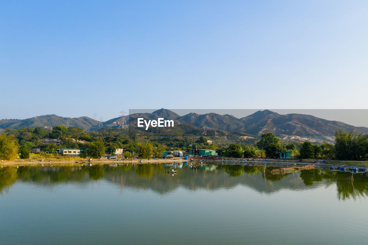 scenic view of lake and mountains against clear sky