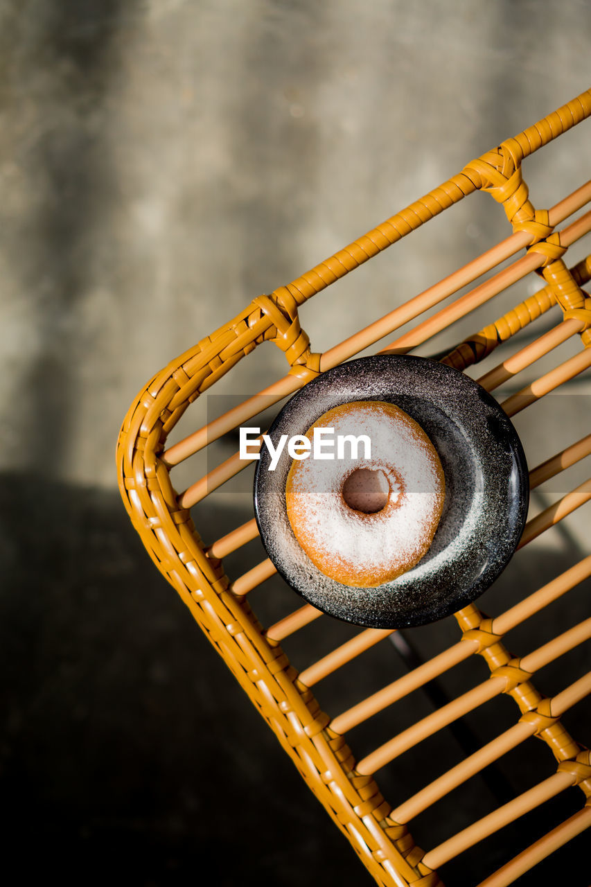 High angle view of bread on metal