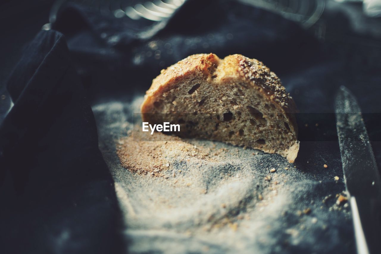 High angle view of sourdough bread on table