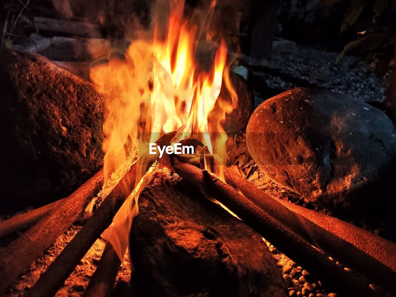 close-up of campfire at night