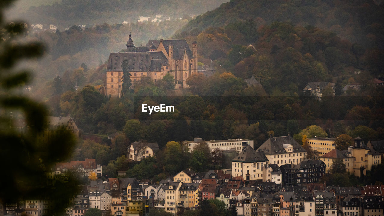 Aerial view of buildings in town