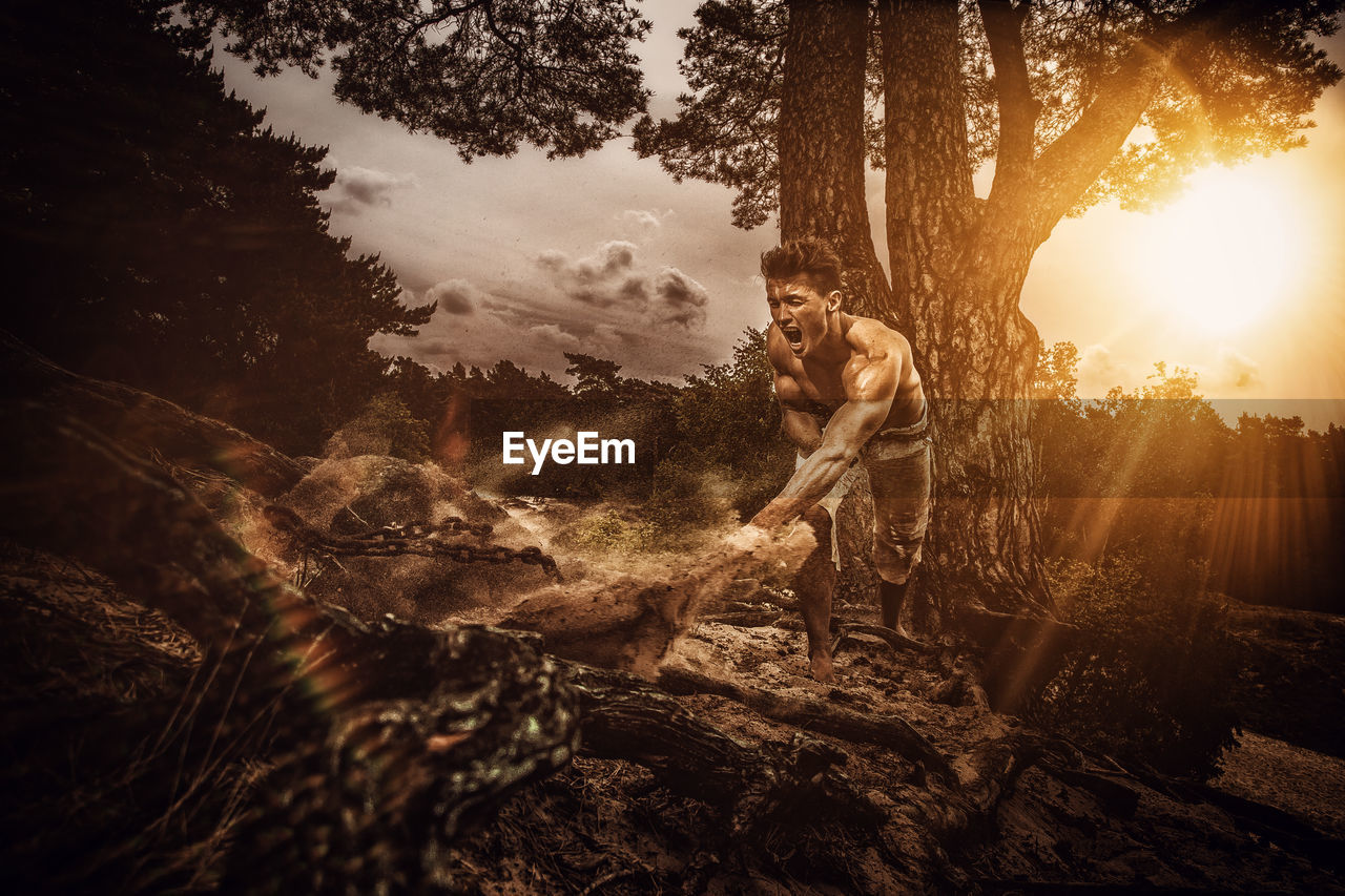 MAN STANDING BY TREE IN FOREST AGAINST SKY