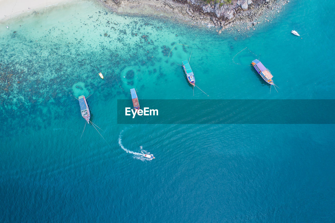 High angle view of sailboat in sea