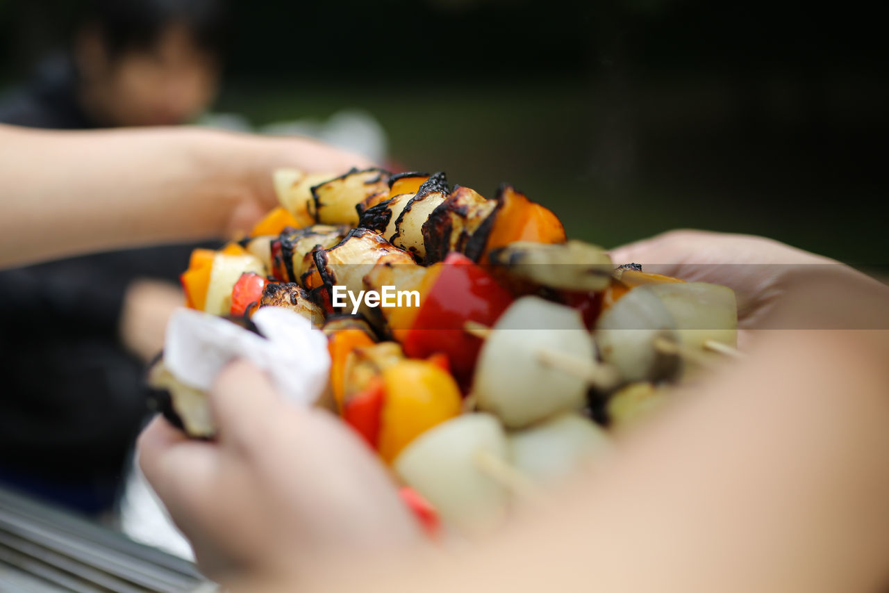 Close-up of kebab in skewers