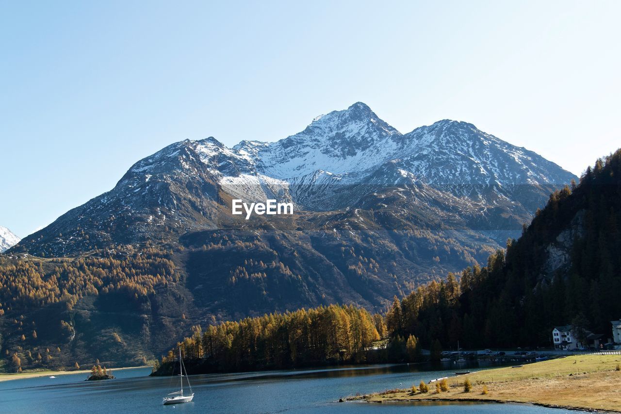 Scenic view of snowcapped mountains against clear sky