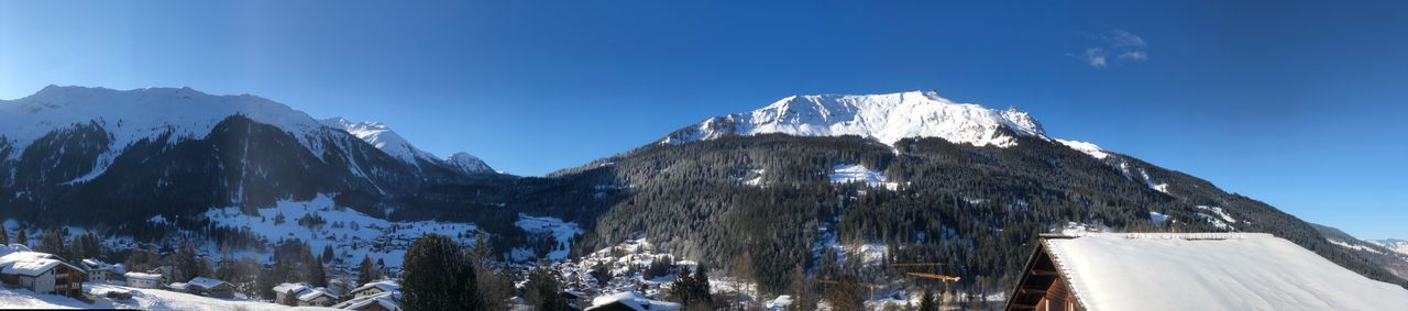 PANORAMIC VIEW OF SNOWCAPPED MOUNTAINS AGAINST CLEAR SKY