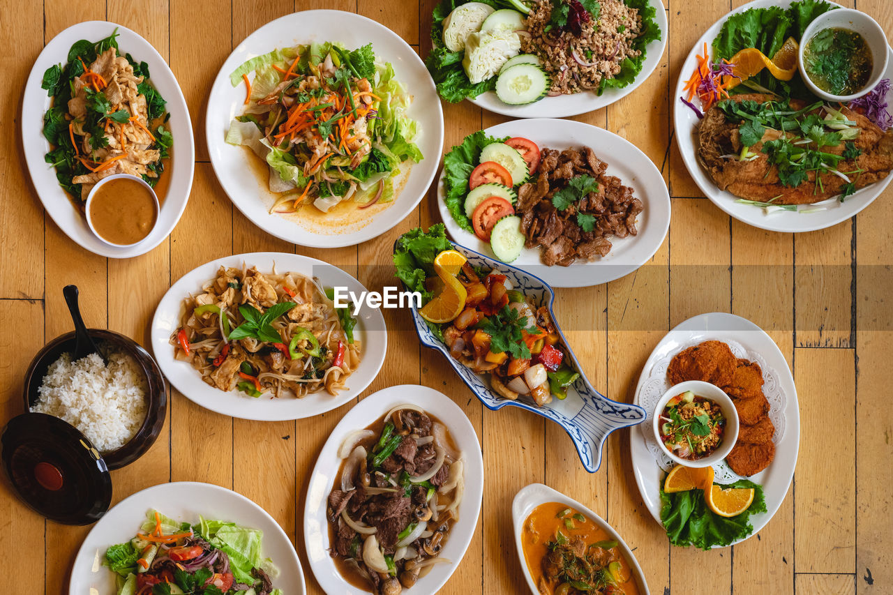 High angle view of thai food served on table