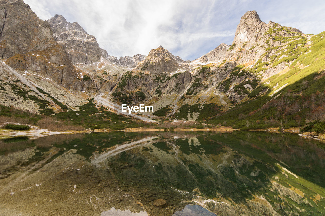 Scenic view of lake and mountains against sky