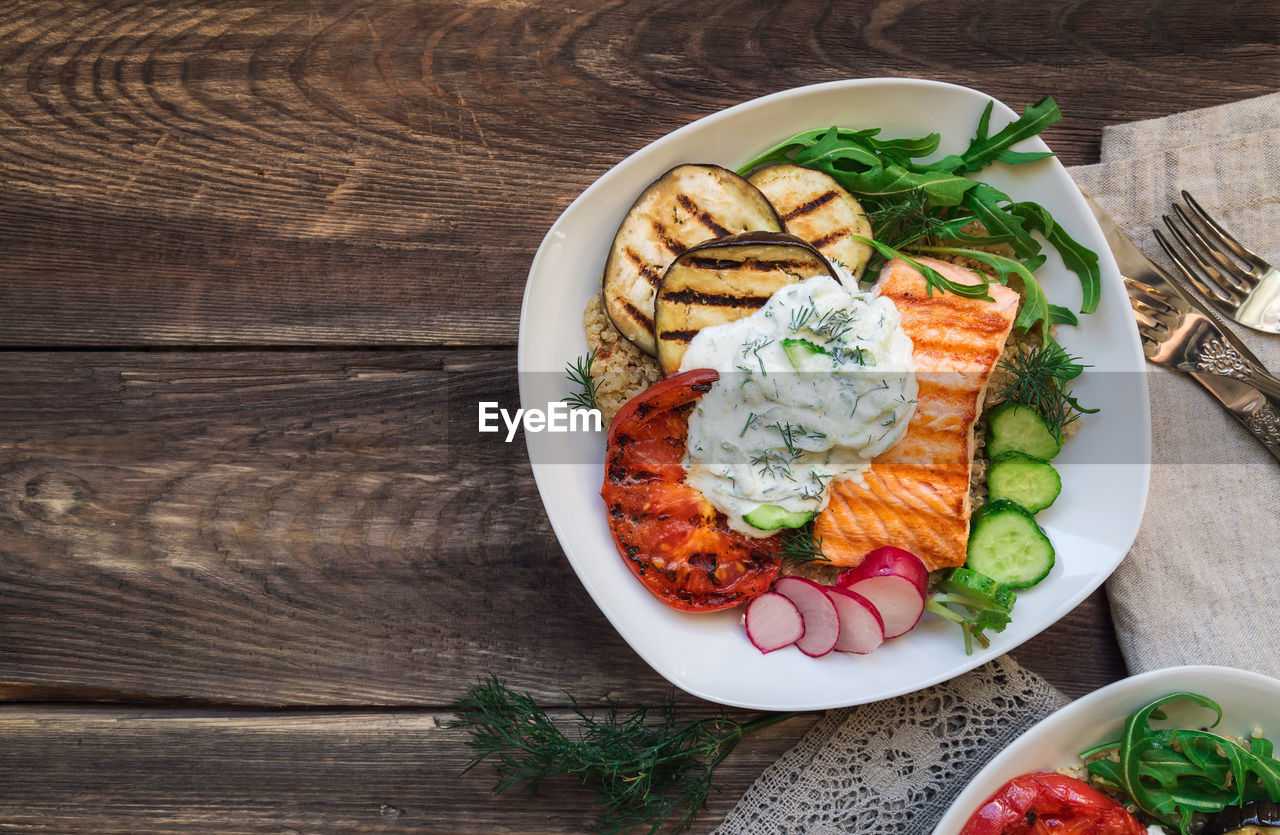 HIGH ANGLE VIEW OF FOOD SERVED IN PLATE