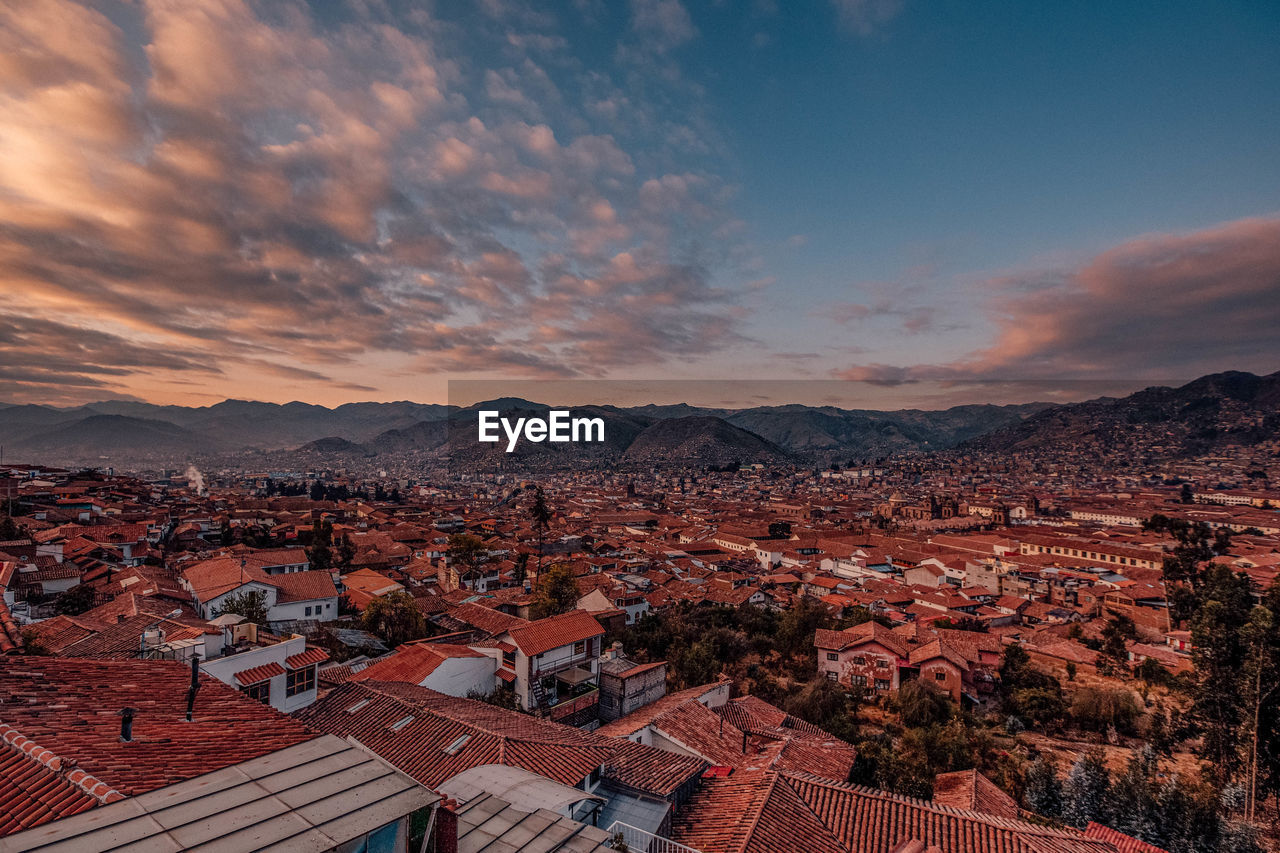 High angle shot of townscape against sky