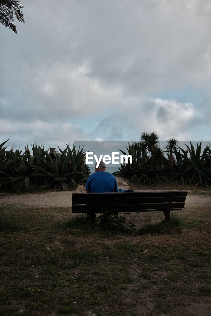 REAR VIEW OF MAN SITTING ON BENCH ON FIELD