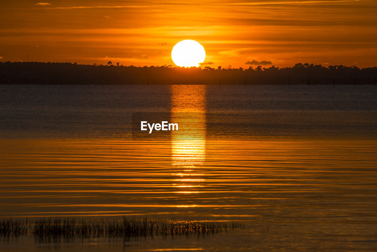 sky, water, sunset, beauty in nature, scenics - nature, reflection, tranquility, nature, sun, sea, tranquil scene, orange color, cloud, afterglow, sunlight, environment, horizon, idyllic, landscape, dramatic sky, no people, land, silhouette, evening, dawn, outdoors, travel destinations, travel, horizon over water, atmospheric mood, non-urban scene, yellow, rippled, gold, romantic sky, seascape, beach, vacation, summer, urban skyline, trip, tourism, geometric shape, multi colored, vibrant color, holiday, tree