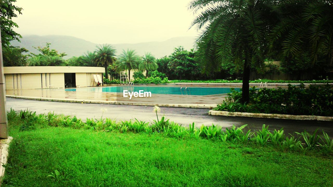 Swimming pool by trees against sky