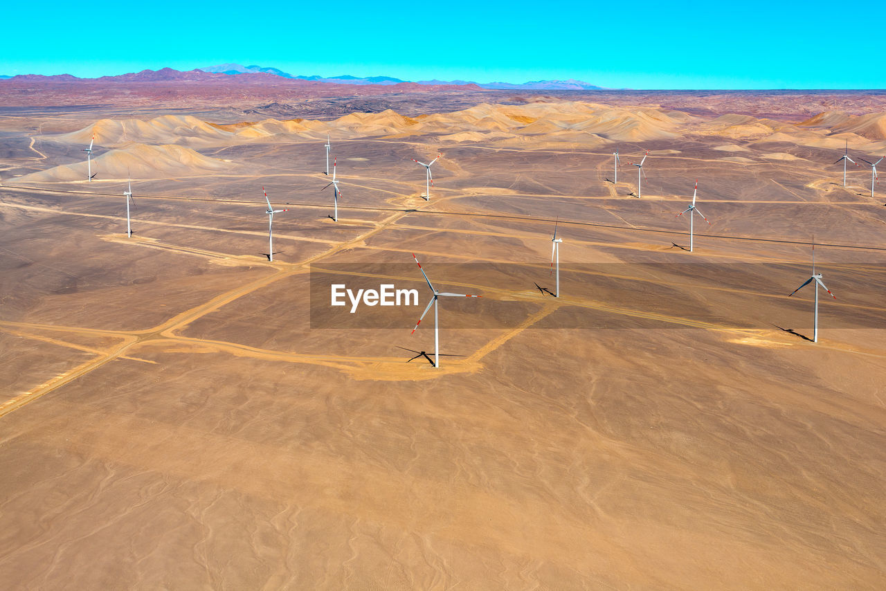 Aerial view of a wind farm in the atacama desert outside the city of calama, chile
