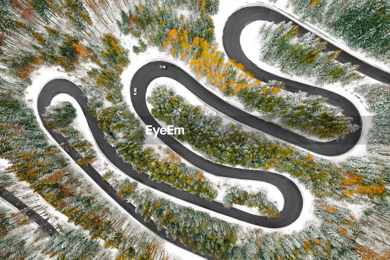 Aerial view of cars on winding road in winter forest