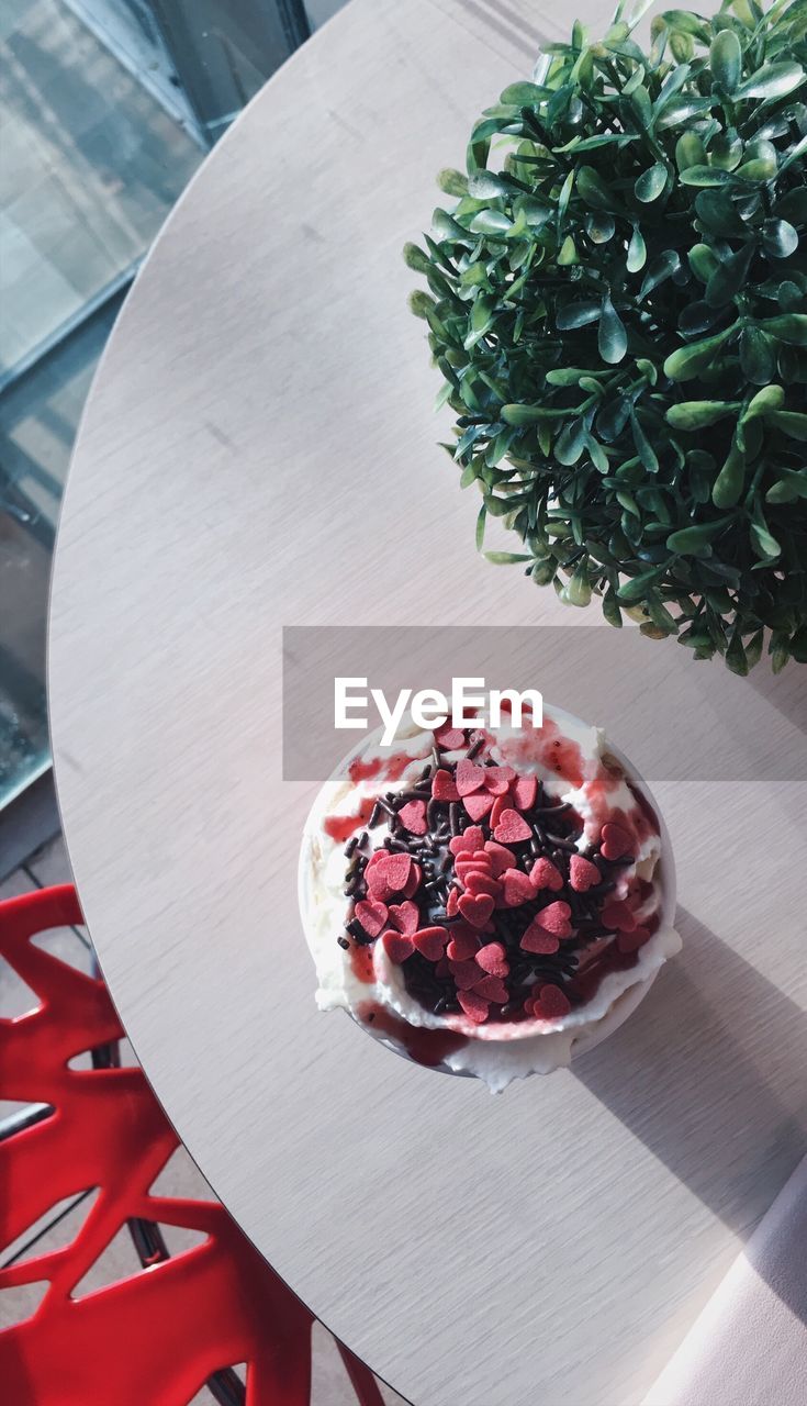 HIGH ANGLE VIEW OF ICE CREAM ON TABLE