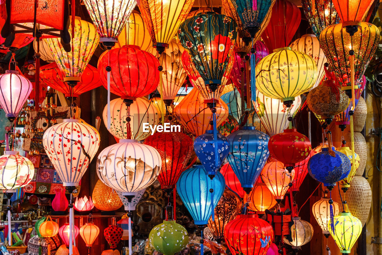 Full frame shot of multi colored lanterns hanging at market