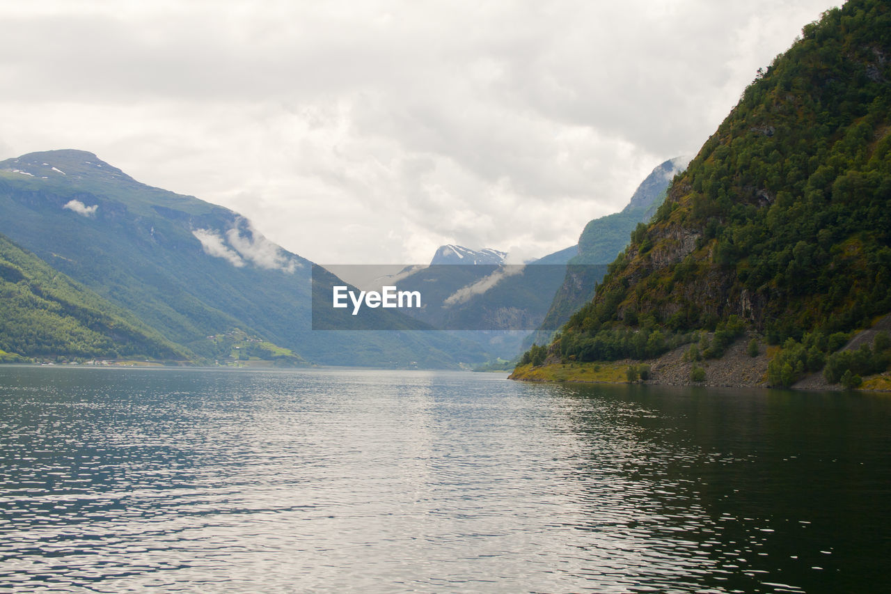 Scenic view of lake and mountains against sky