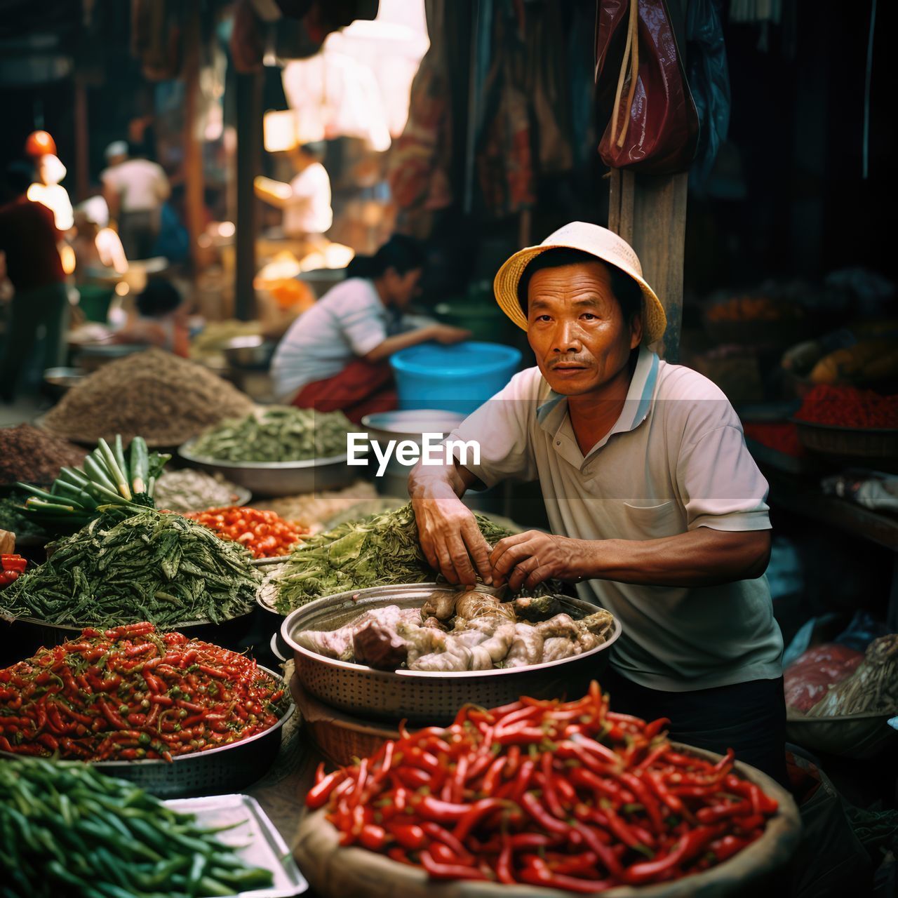 man preparing food for sale in market