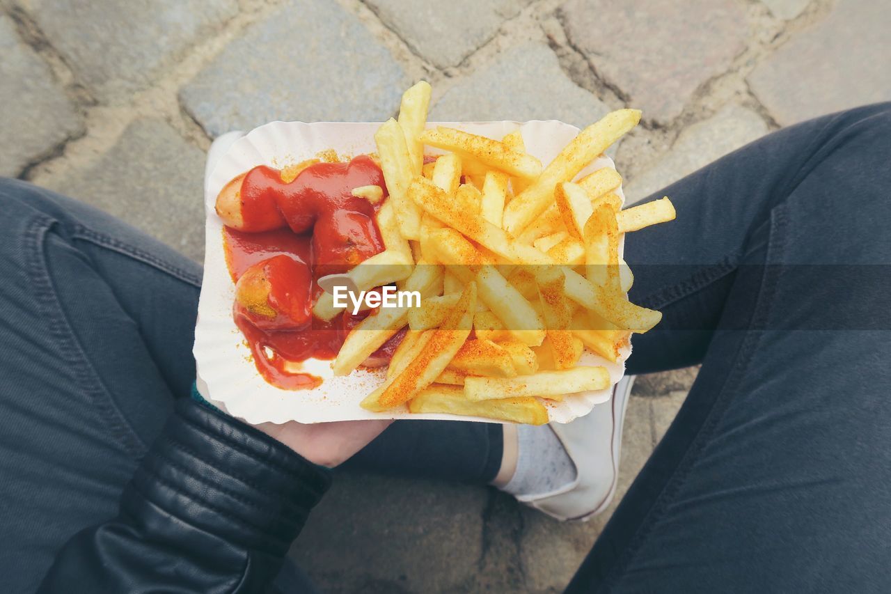 High angle view of french fries