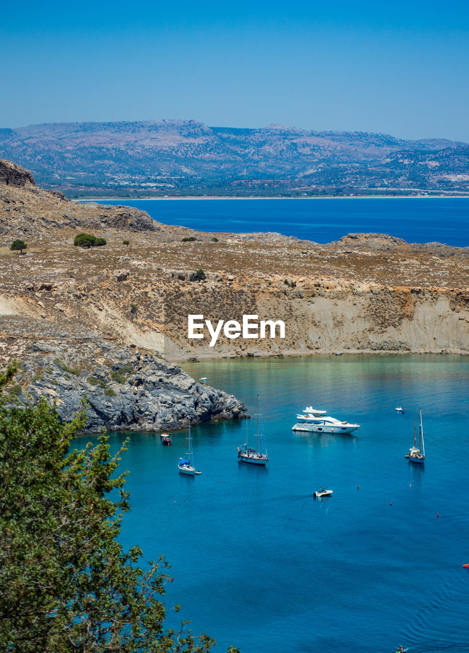 High angle view of boats moored in sea