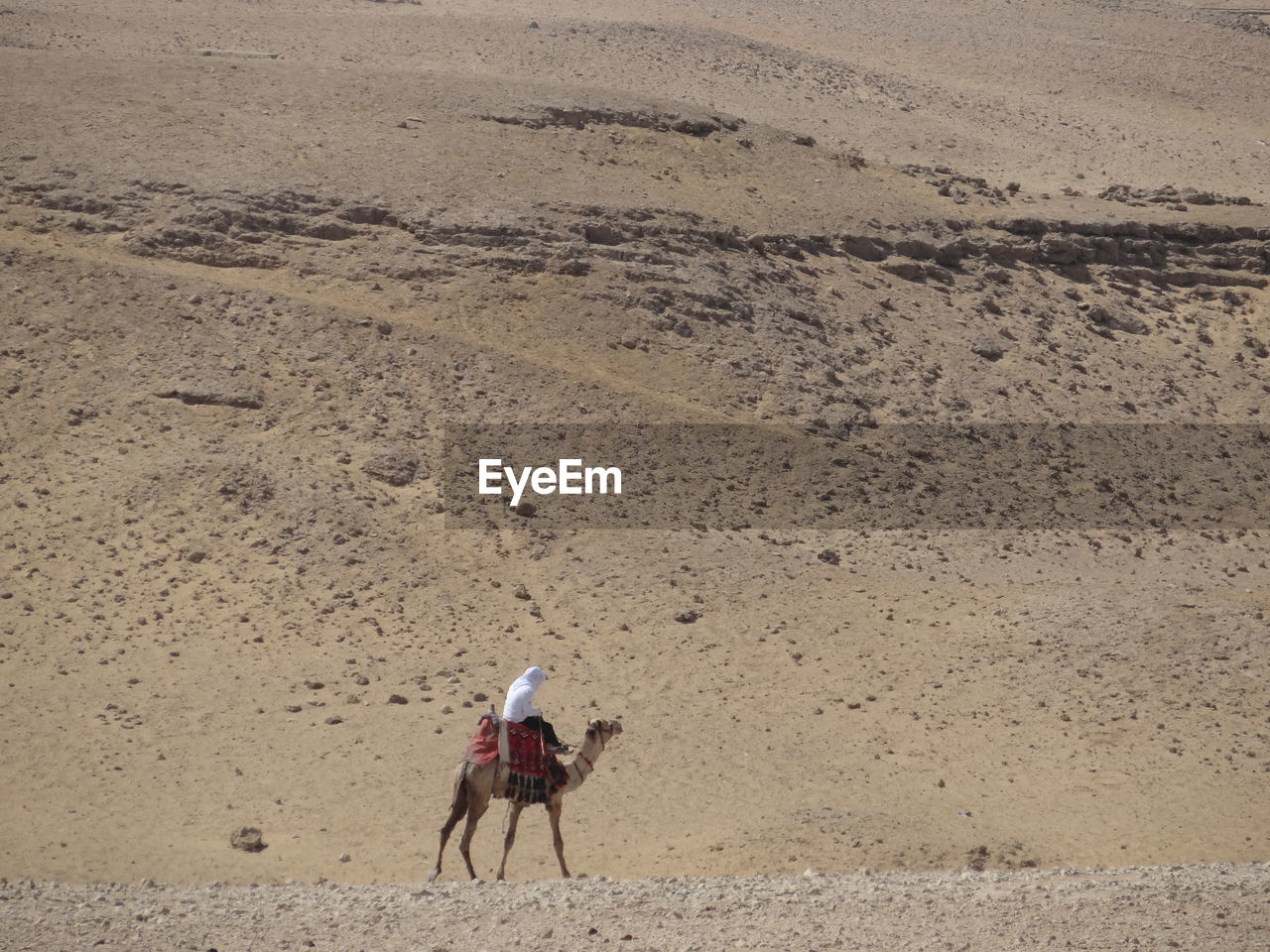 MAN RIDING HORSE ON SAND AT DESERT