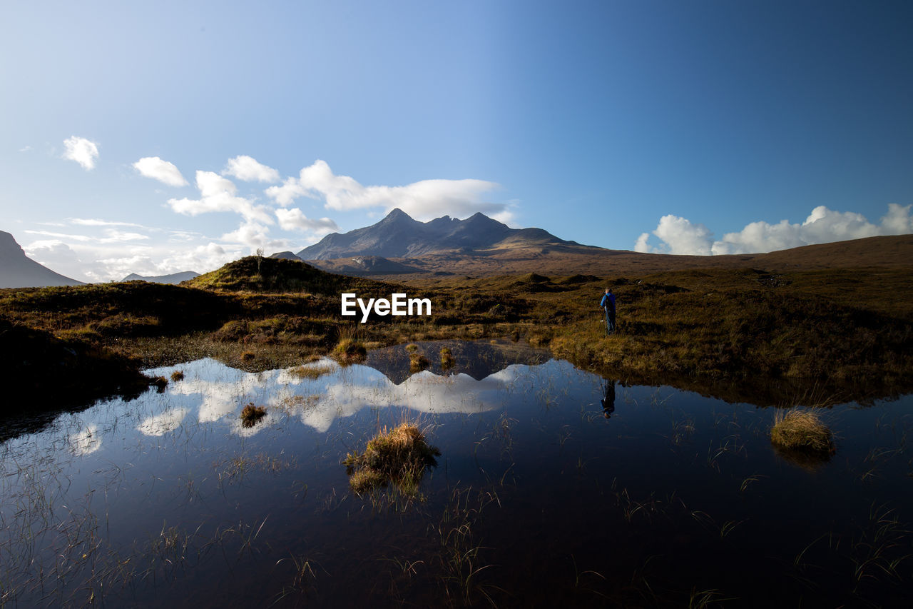 Scenic view of lake and mountains against sky