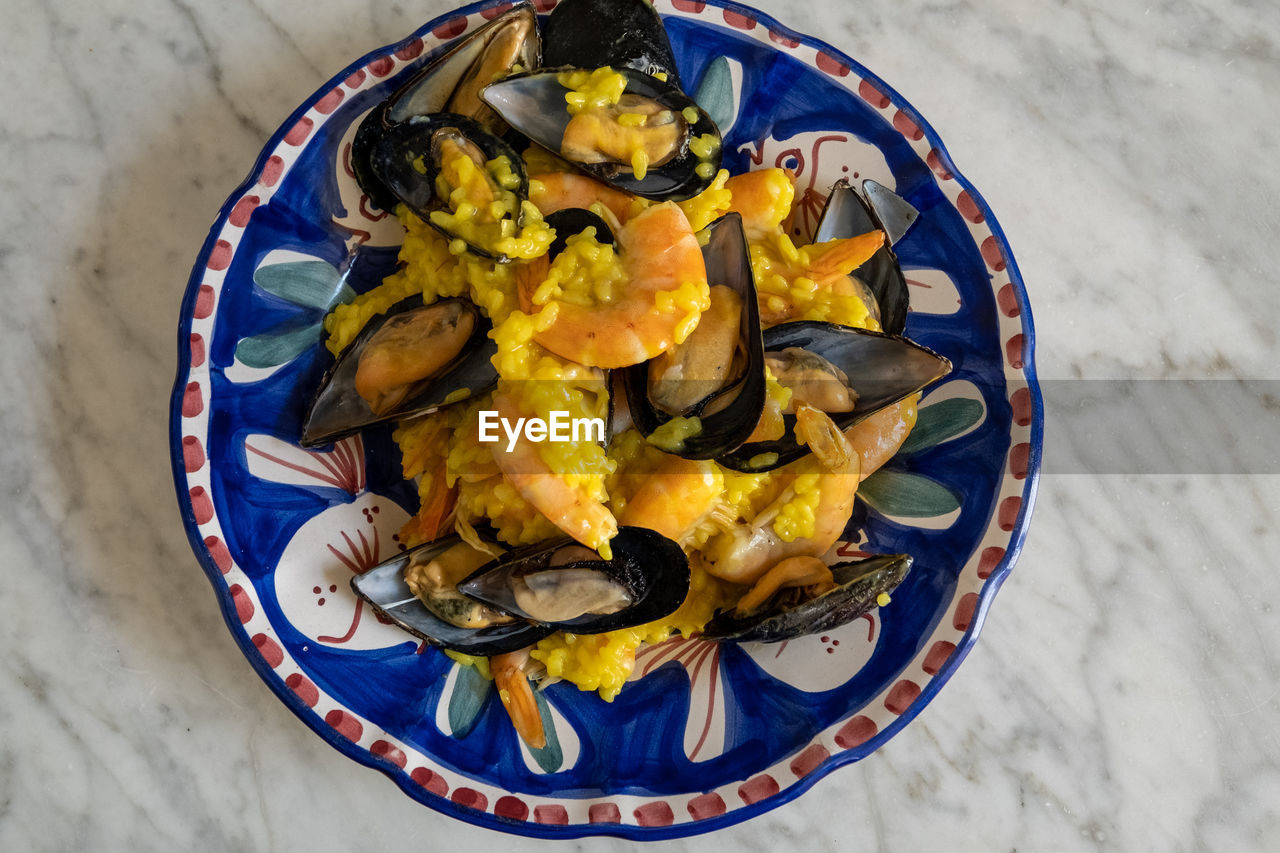 directly above shot of food in plate on table