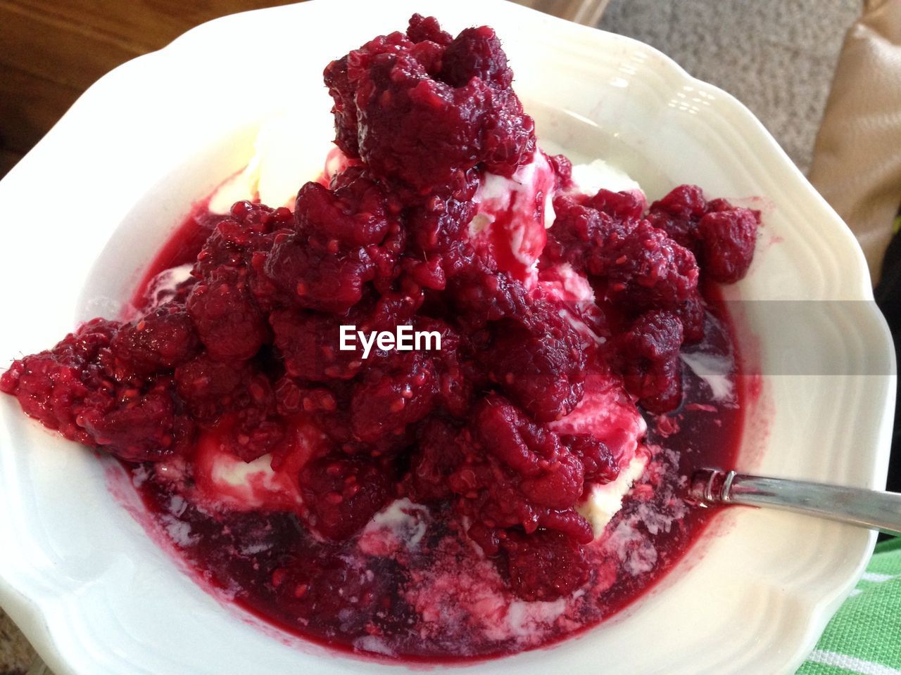 High angle view of raspberry ice cream in plate