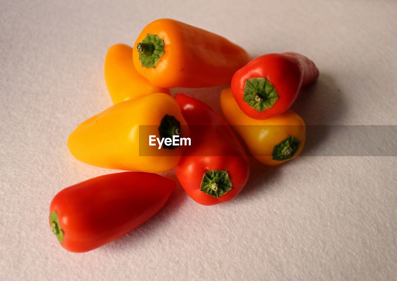 High angle view of bell peppers on table