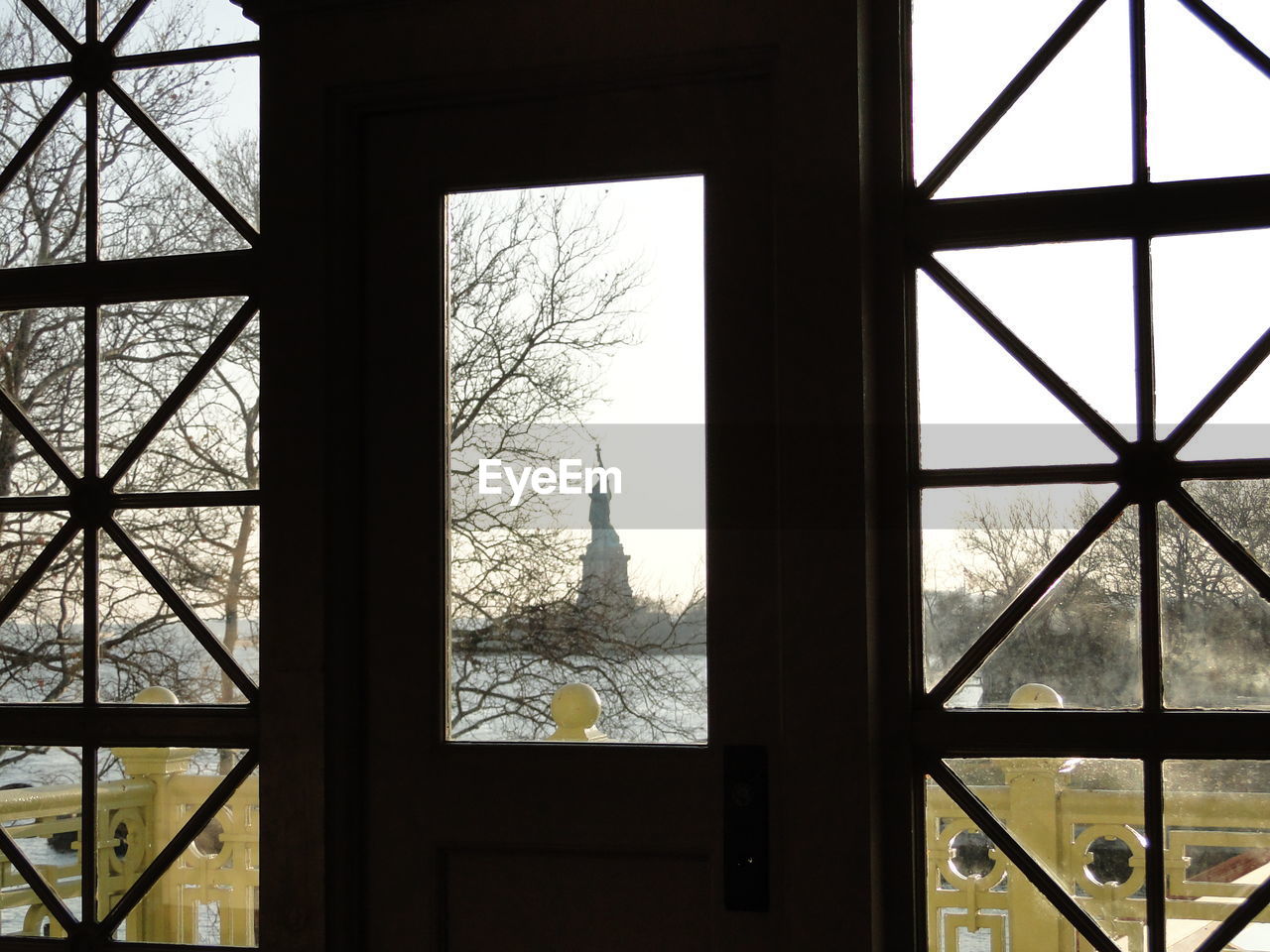 Bare trees seen through glass window of building