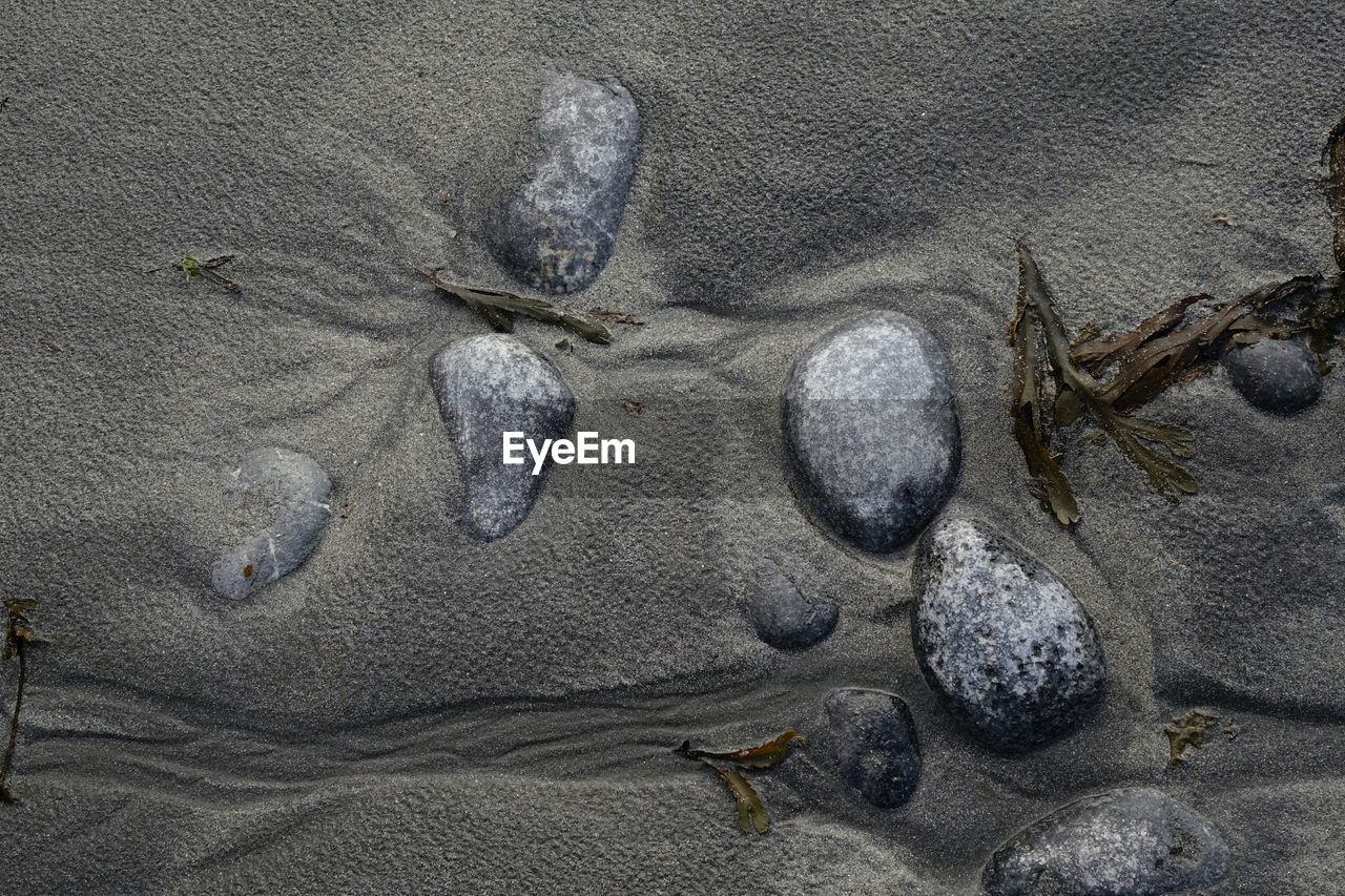 High angle view of pebbles on wet sand