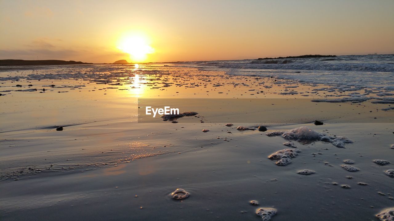 View of calm beach at sunset