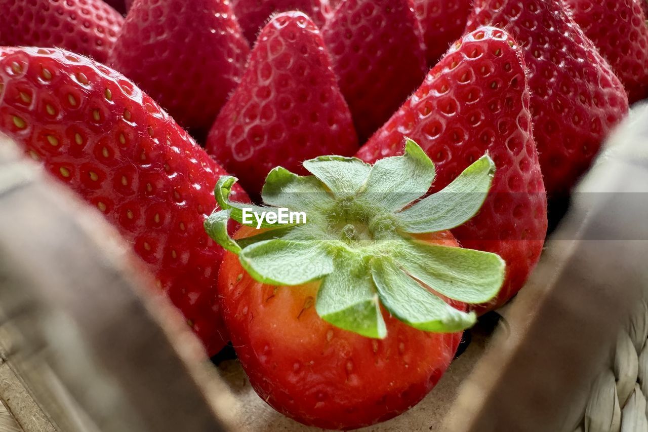 strawberry, fruit, food and drink, food, healthy eating, berry, plant, freshness, red, produce, wellbeing, no people, berries, close-up, leaf, nature, flower, plant part, juicy, sweetness, ripe, high angle view, indoors, dessert, still life, organic