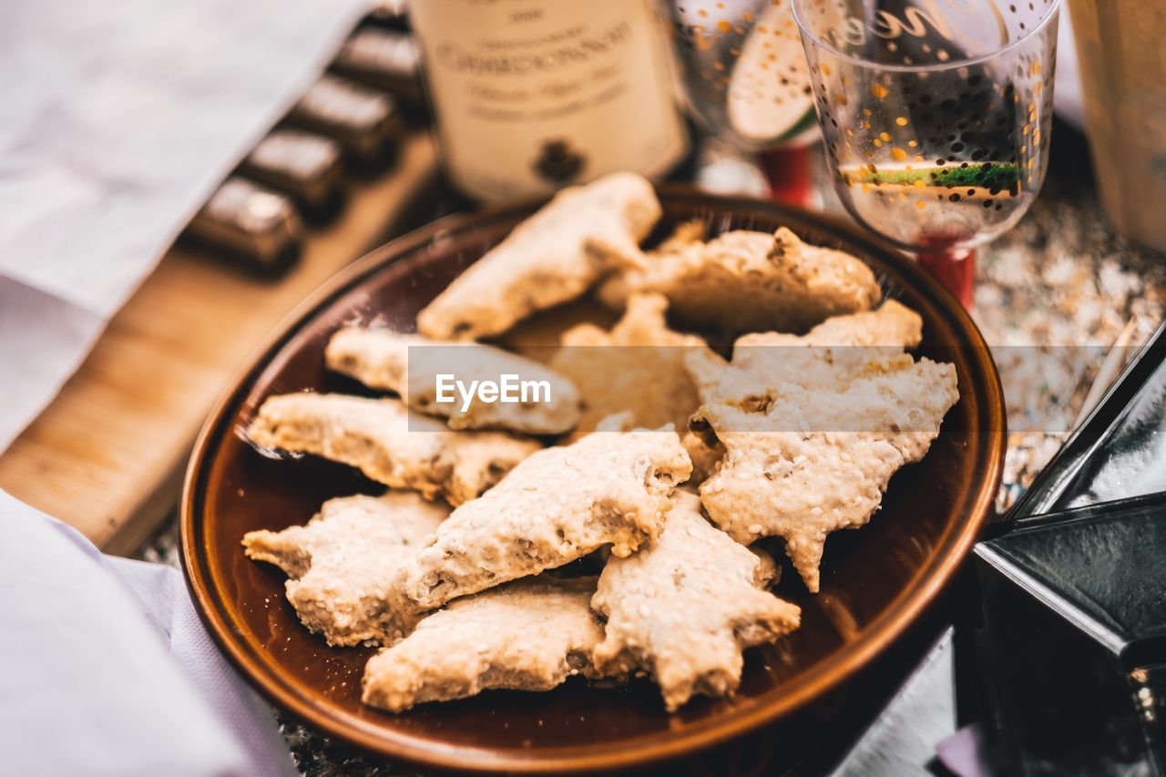 High angle view of cookies in bowl on table