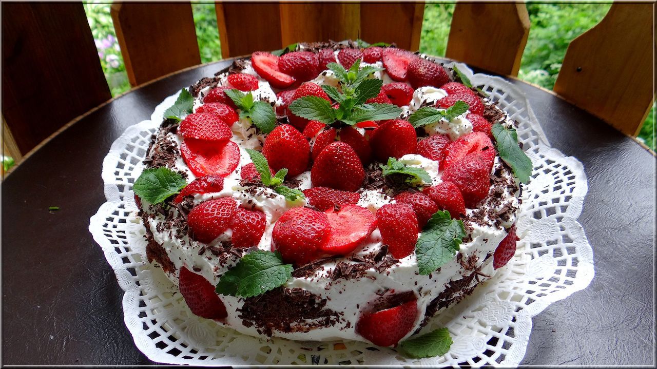 Close-up of strawberry cake in plate