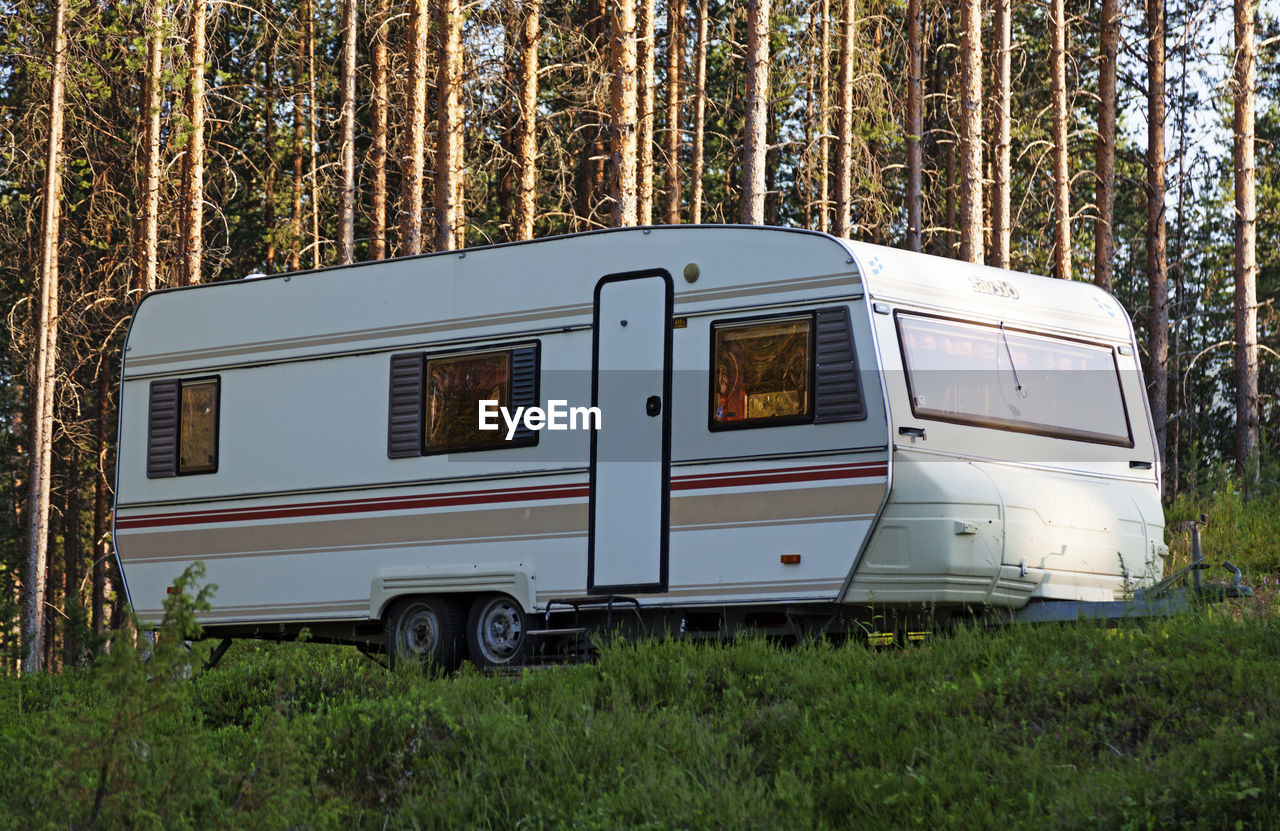 Large caravan parked in the forest