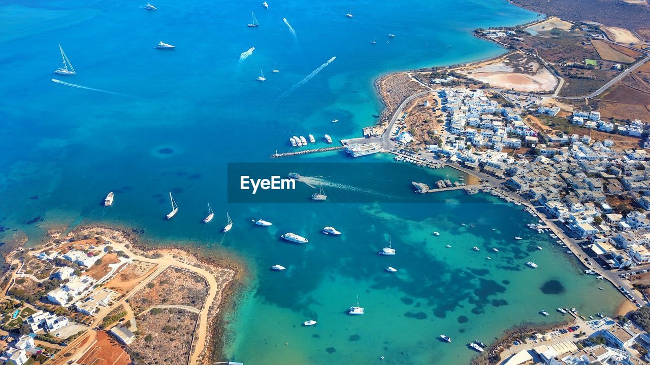 High angle view of boats moored in sea