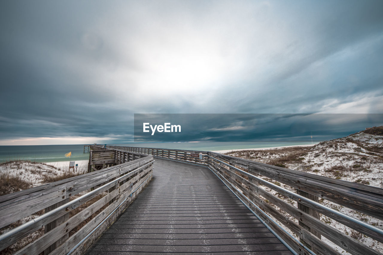 View of empty railway bridge over sea against sky