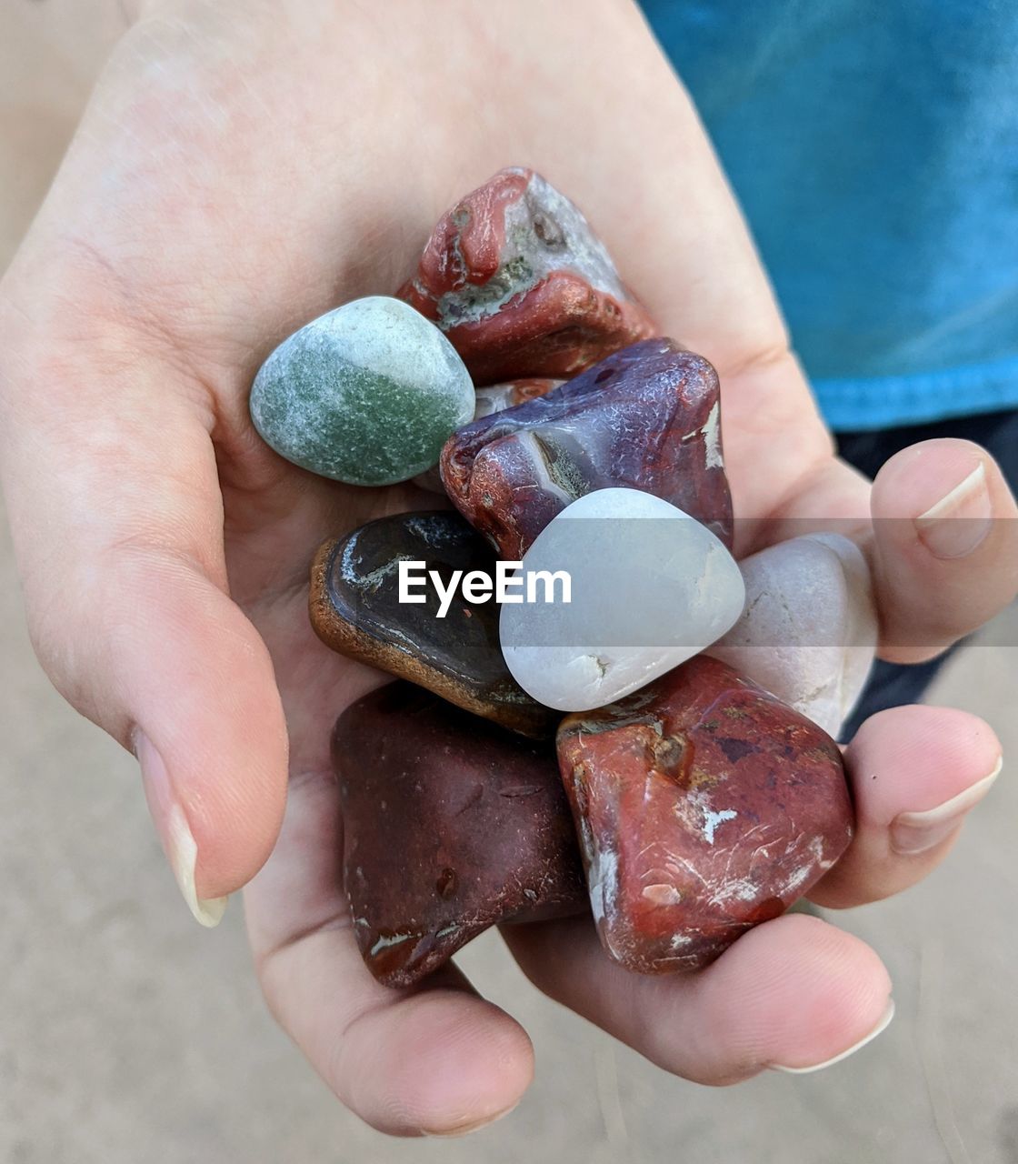 HIGH ANGLE VIEW OF HAND HOLDING EGGS IN CONTAINER