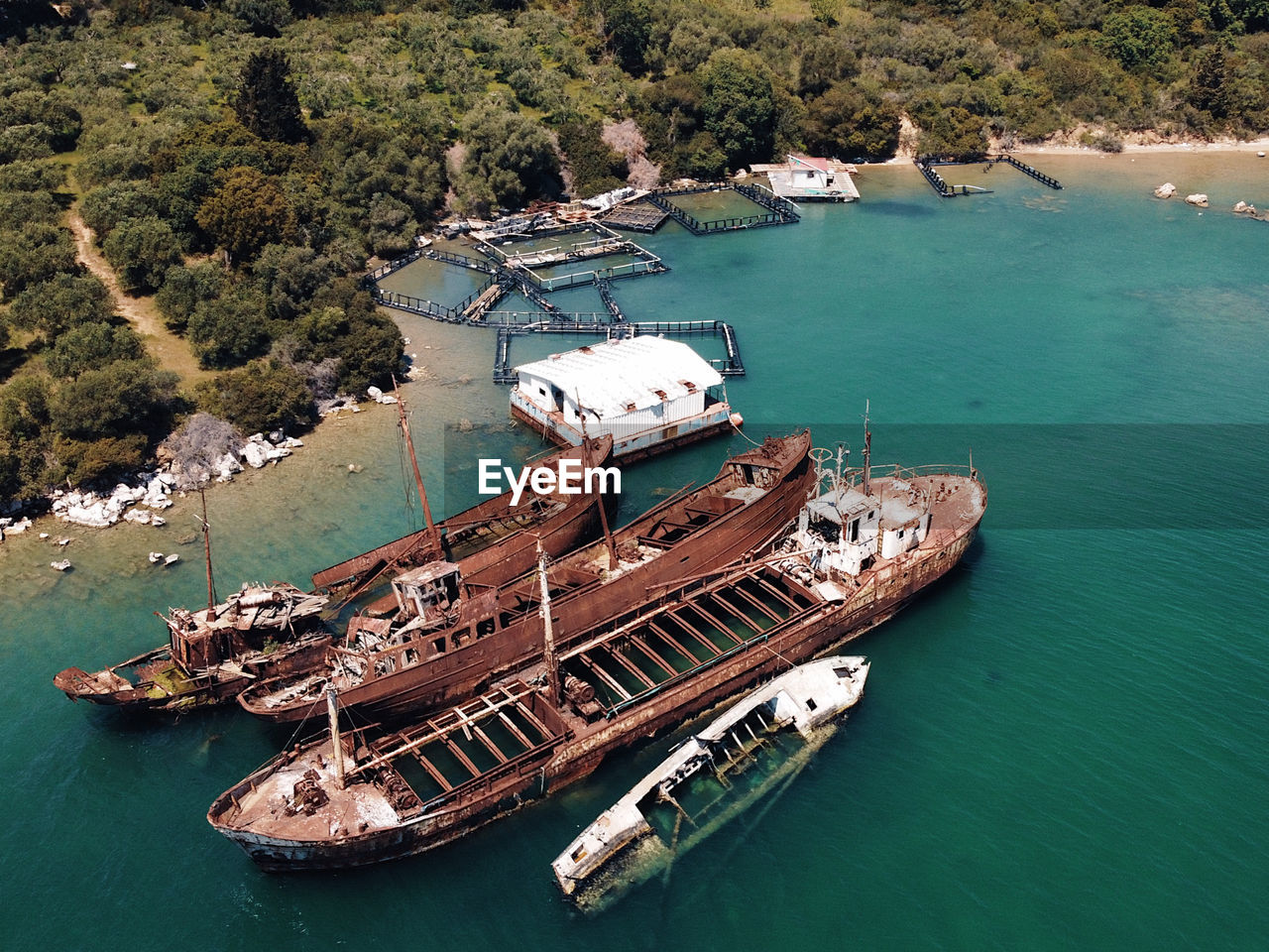 High angle view of ship moored on sea