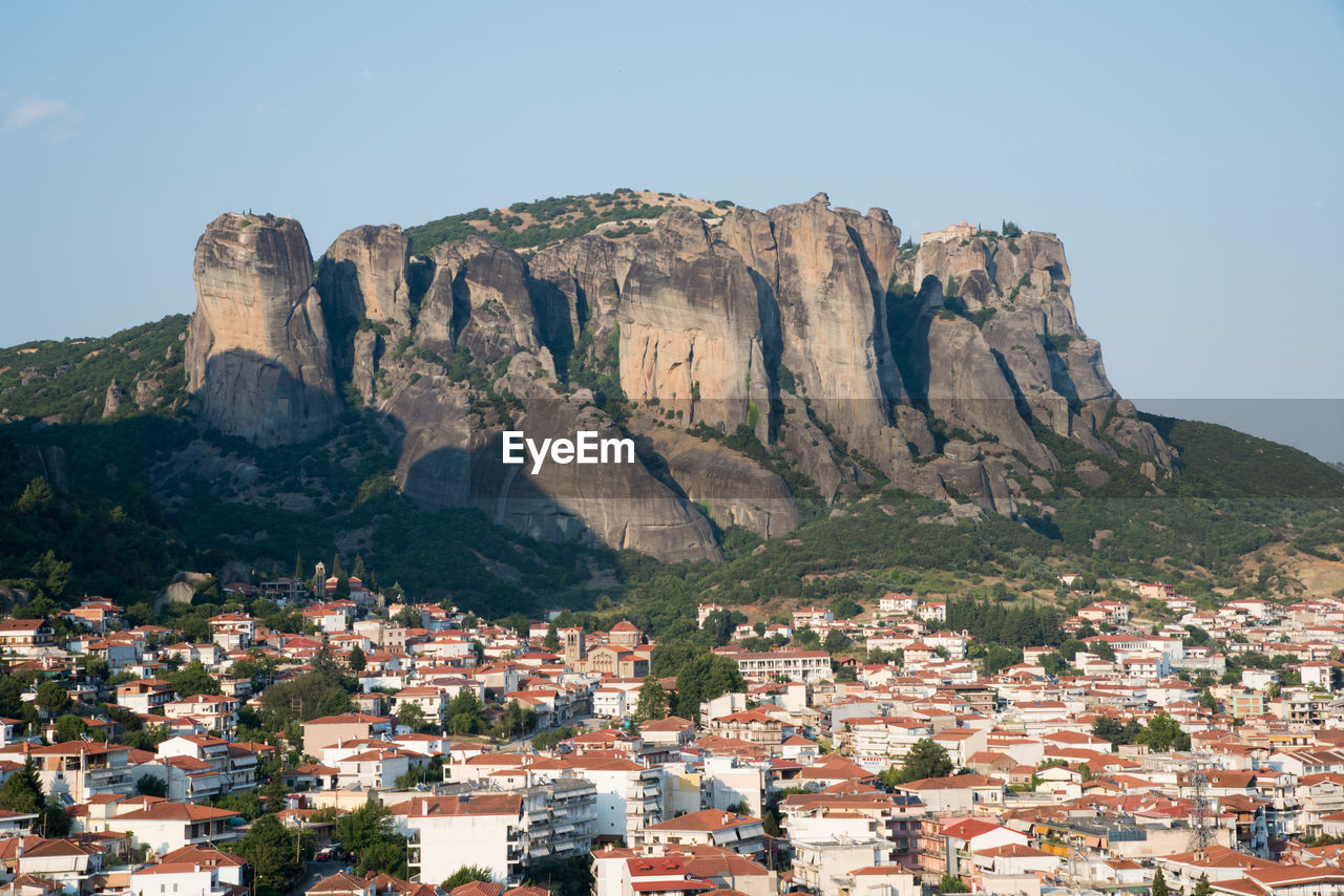 View of meteora mountains and kalambaka city, greece, on a sunny day. europe