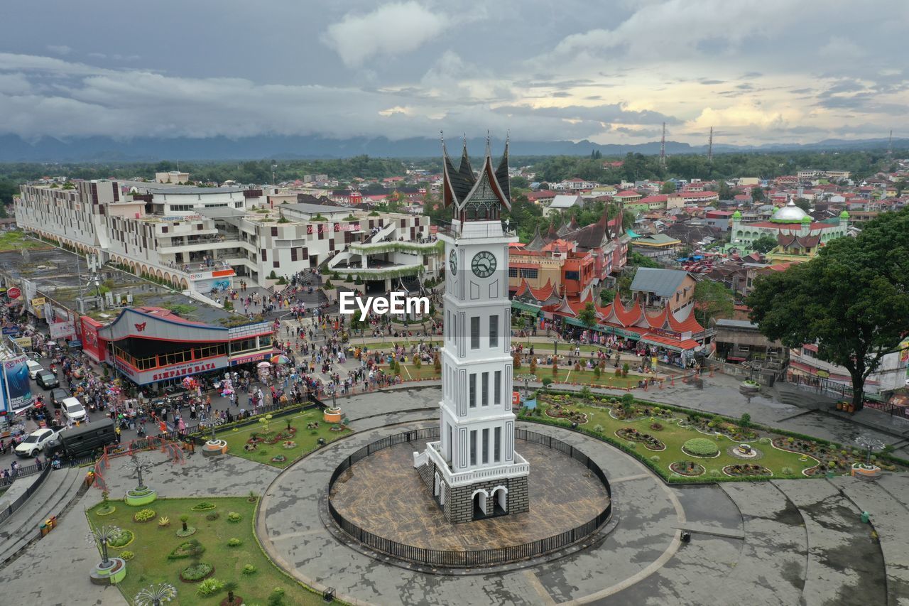 High angle view of building jam gadang clock tower in bukittinggi west sumatra