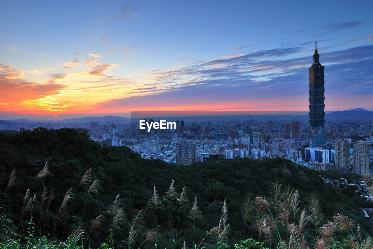 View of cityscape at sunset